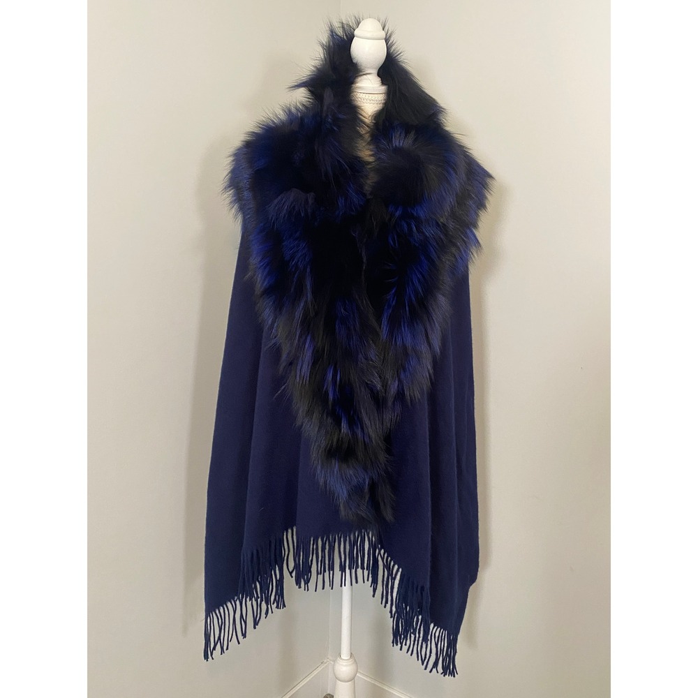 Annabelle‎ by SCBMI Cape OS Cobalt Blue Wool Fur Collar Fringe Trim Shawl Glam
